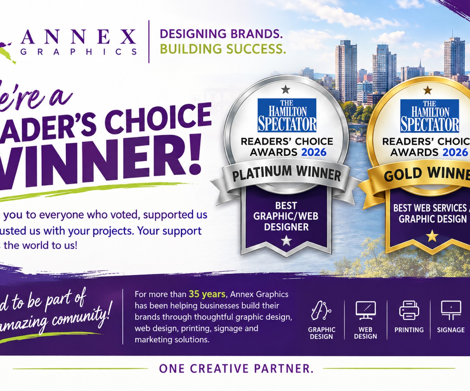 Annex Graphics wins the Hamilton Spectator Readers Choice Platinum Award for Best Graphic/Web Design 2026 and Gold in the Best Web Services/Graphic Design 2026